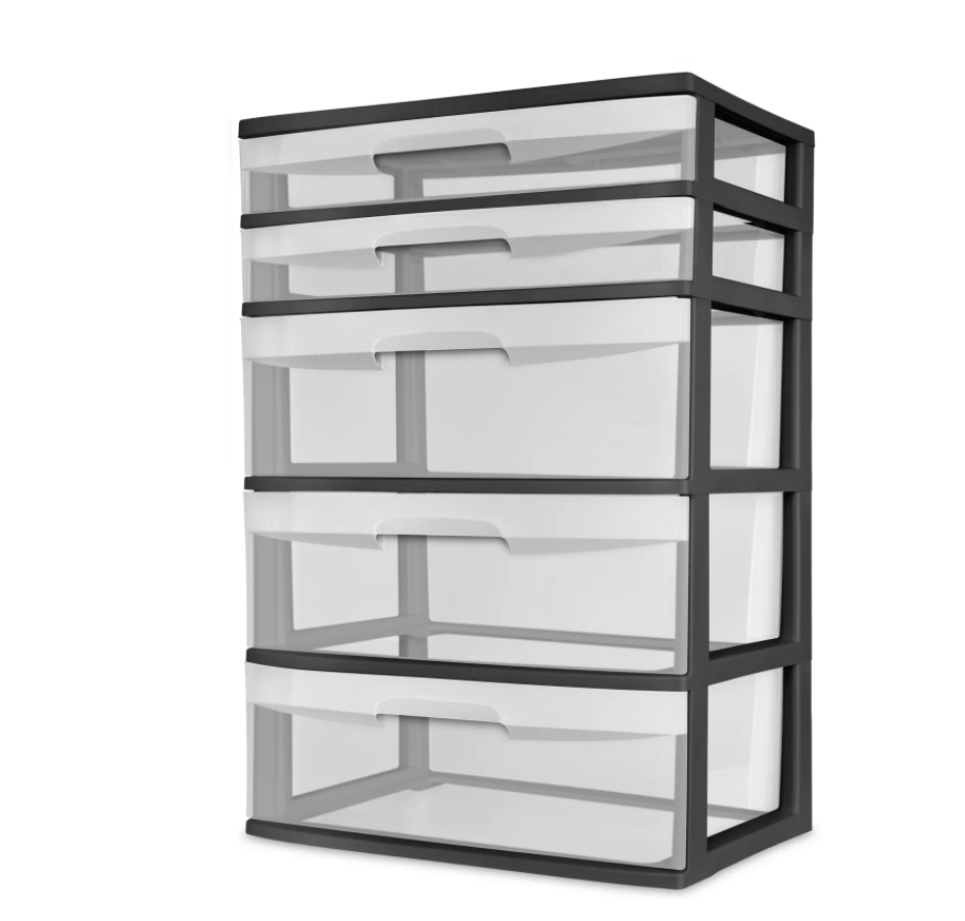 Sterilite Plastic 5 Drawer Wide Tower Black