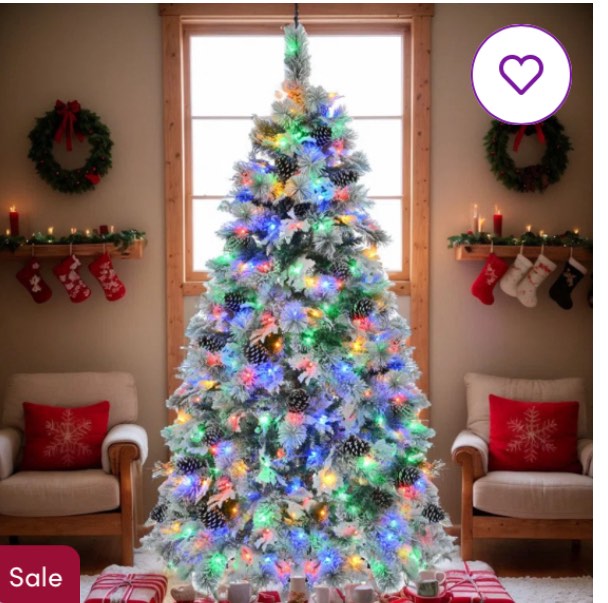 6FT Pre-Lit Flocked Christmas Tree With Pinecones, Artificial Xmas Tree With Multi-Color LED Lights