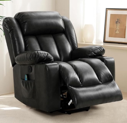 Large Power Lift Recliner Chair with Massage and Heat for Elderly, Overstuffed Wide Recliners, Breathable Leather with Breathable microporous, USB Ports, 2 Cup Holders (Black)