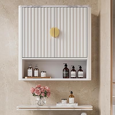 Bathroom Wall Medcine Cabinets Over The Toilet with Fluted Doors and Adjustable Shelf in Entryway or Kitchen Storage, in White