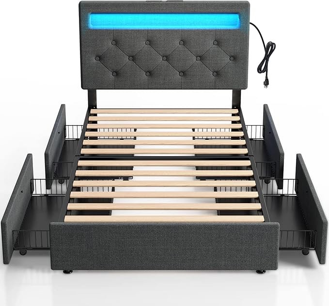 Rolanstar Twin Size Bed Frame with Charging Station and LED Lights, Upholstered Bed with Adjustable Headboard and 4 Storage Drawers, No Box Spring Needed, Easy Assembly, Dark Gray