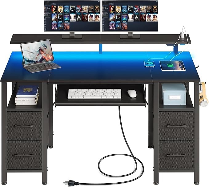Seventable Computer Desk 47.2" with LED Lights & Power Outlets, Home Office Desk with 4 Drawers, Writing Desk with Keyboard Tray, Study Table with Monitor Stand, Work Desks for Home Office, Black