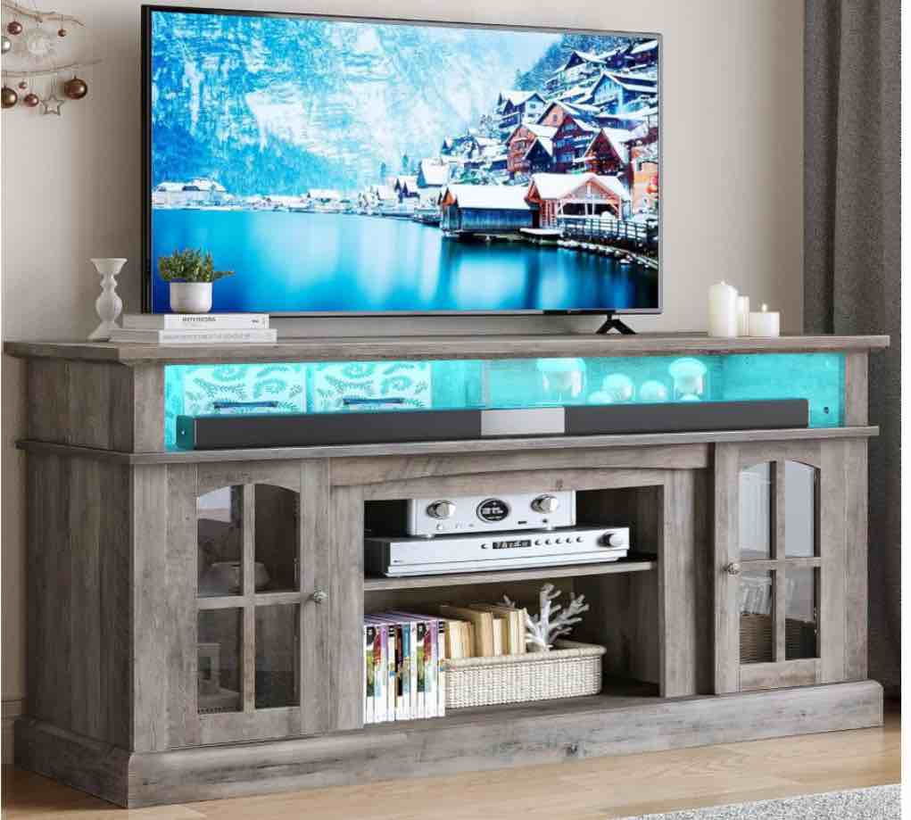 YITAHOME LED Farmhouse TV Stand for TV up to 65 Inch w/Outlets, Highboy Media Entertainment Center Console Table Adjustable Storage Shelves &Cabinet Glass Door for 400lbs for Living Room, Rustic Gray