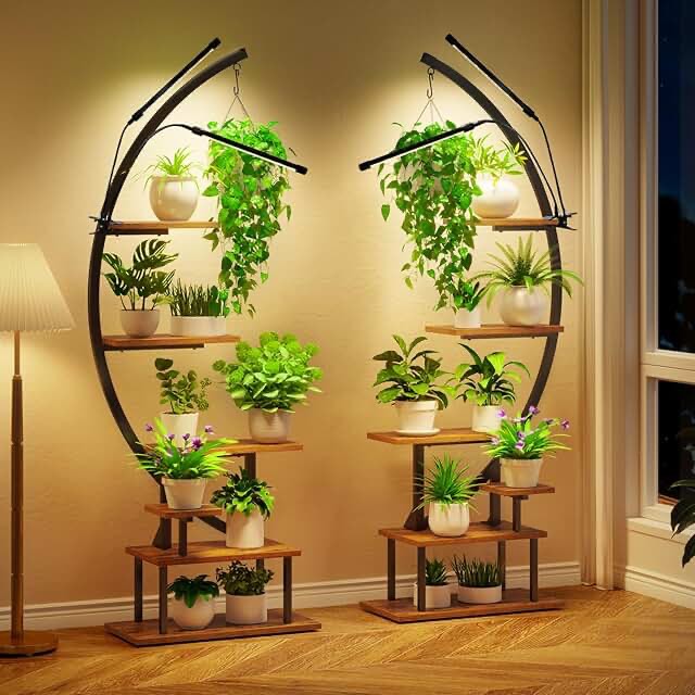 GREENSTELL Plant Stand with Grow Light, Half Moon 7 Tiered Metal Plant Shelf, Multiple Tier Curved Ladder Flower Pot Stand Display Rack for Indoor Living Room Patio Garden Balcony Black (2 Pack) 2 Pack Black Half Moon