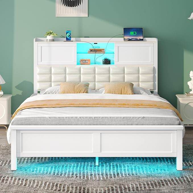 Rolanstar Bed Frame Full Size with Charging Station, Bookcase Headboard Bed with LED Light and Sliding Doors, Platform Bed with Wooden Slats, No Box Spring Needed, Noise Free, White, BF020-RR