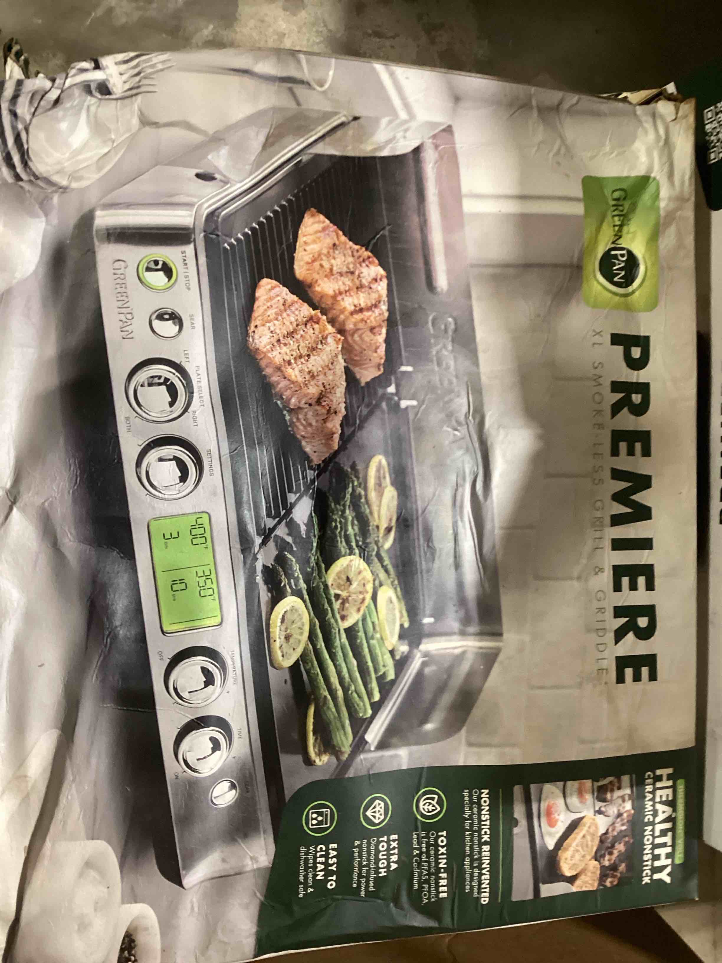 Condition photo showing As Is for GreenPan Elite XL Smoke-less Grill and Griddle, Healthy Ceramic Nonstick Interchangeable/Removeable Cast Aluminum Plates, Indoor BBQ Sear Sizzle, LCD Display, Splash Guard, Drip Tray, PFAS-Free, Black