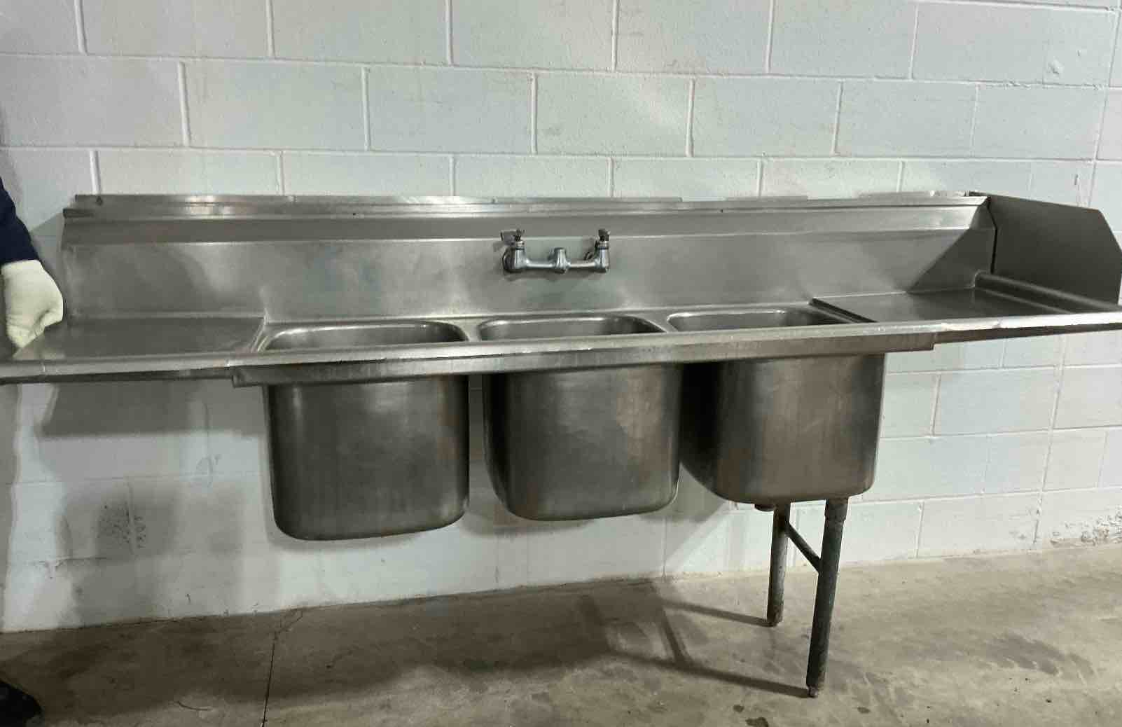 Condition photo showing As Is for 90” x 44.5” 3 tub dishwashing sink 