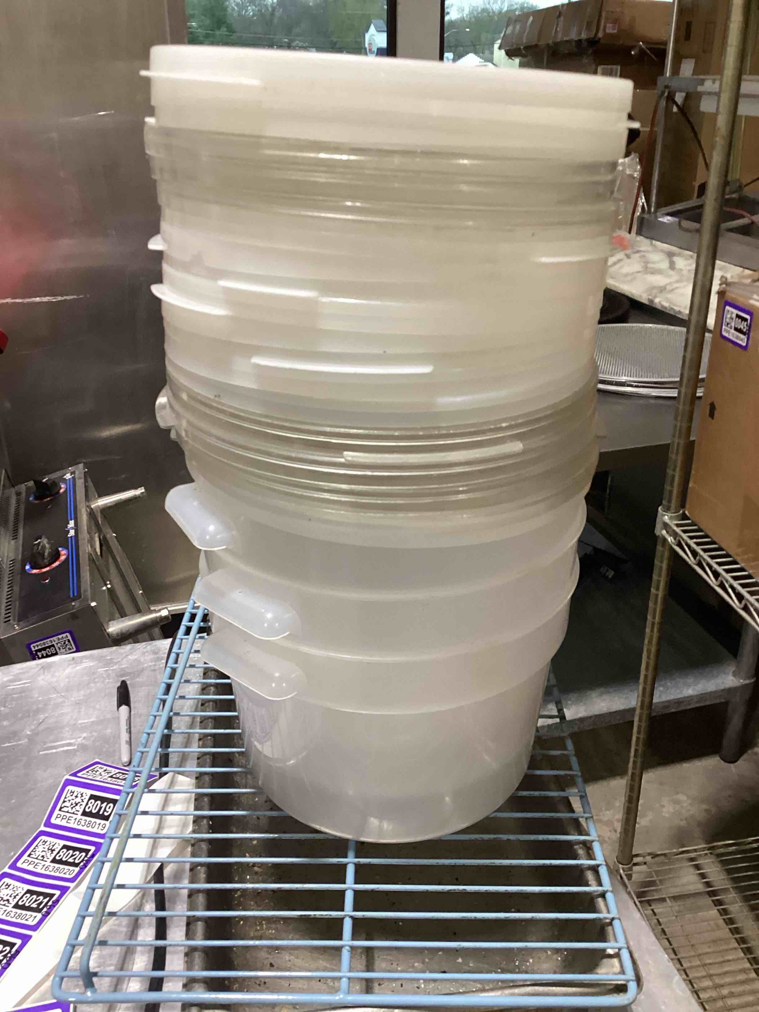 Condition photo showing As Is for assorted lot of round clear/white lids with 3 containers