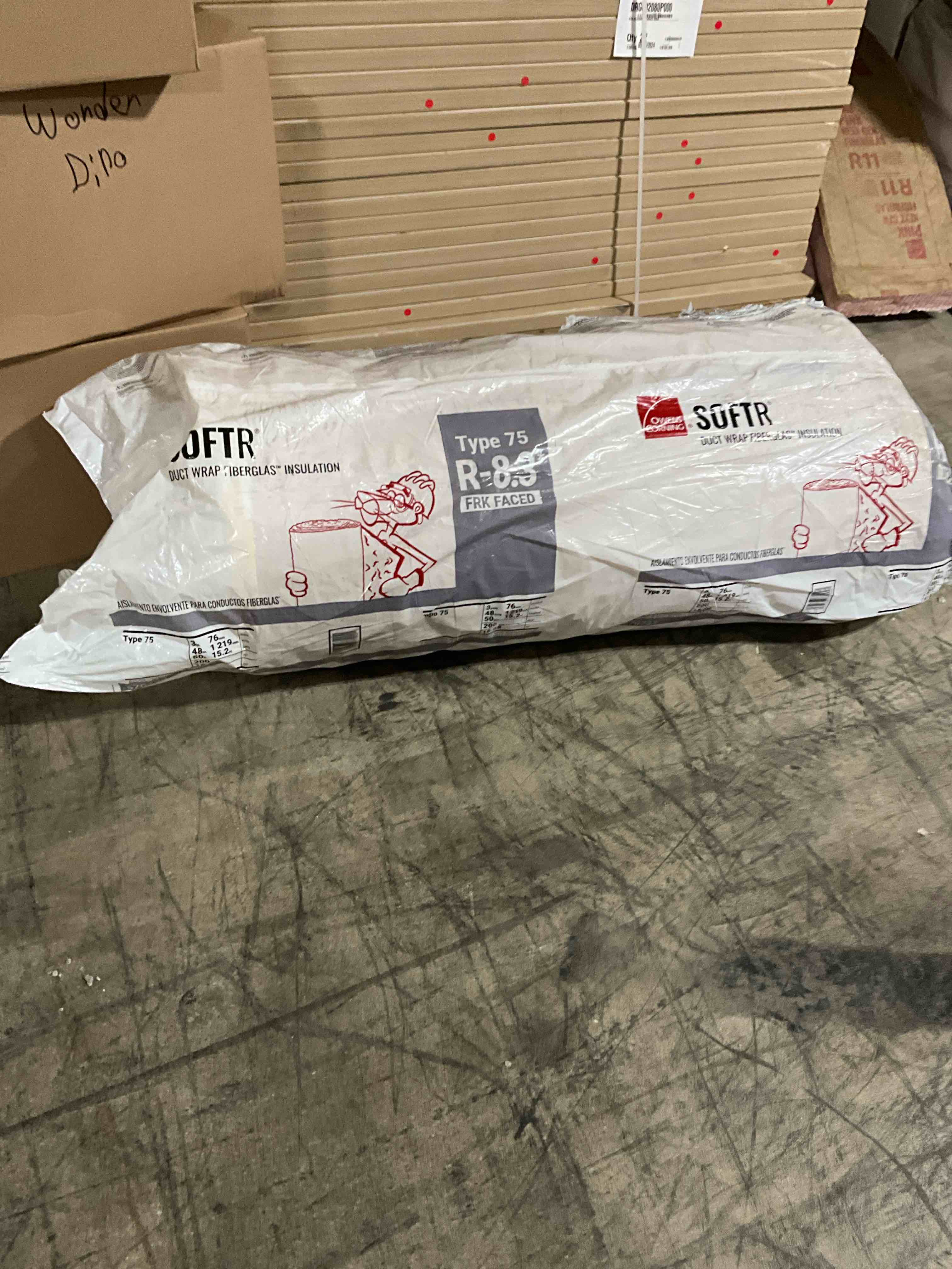 type 75 r-8.3 frk faced duct wrap insulation 3” thick 48” wide 50” long 200 sq ft