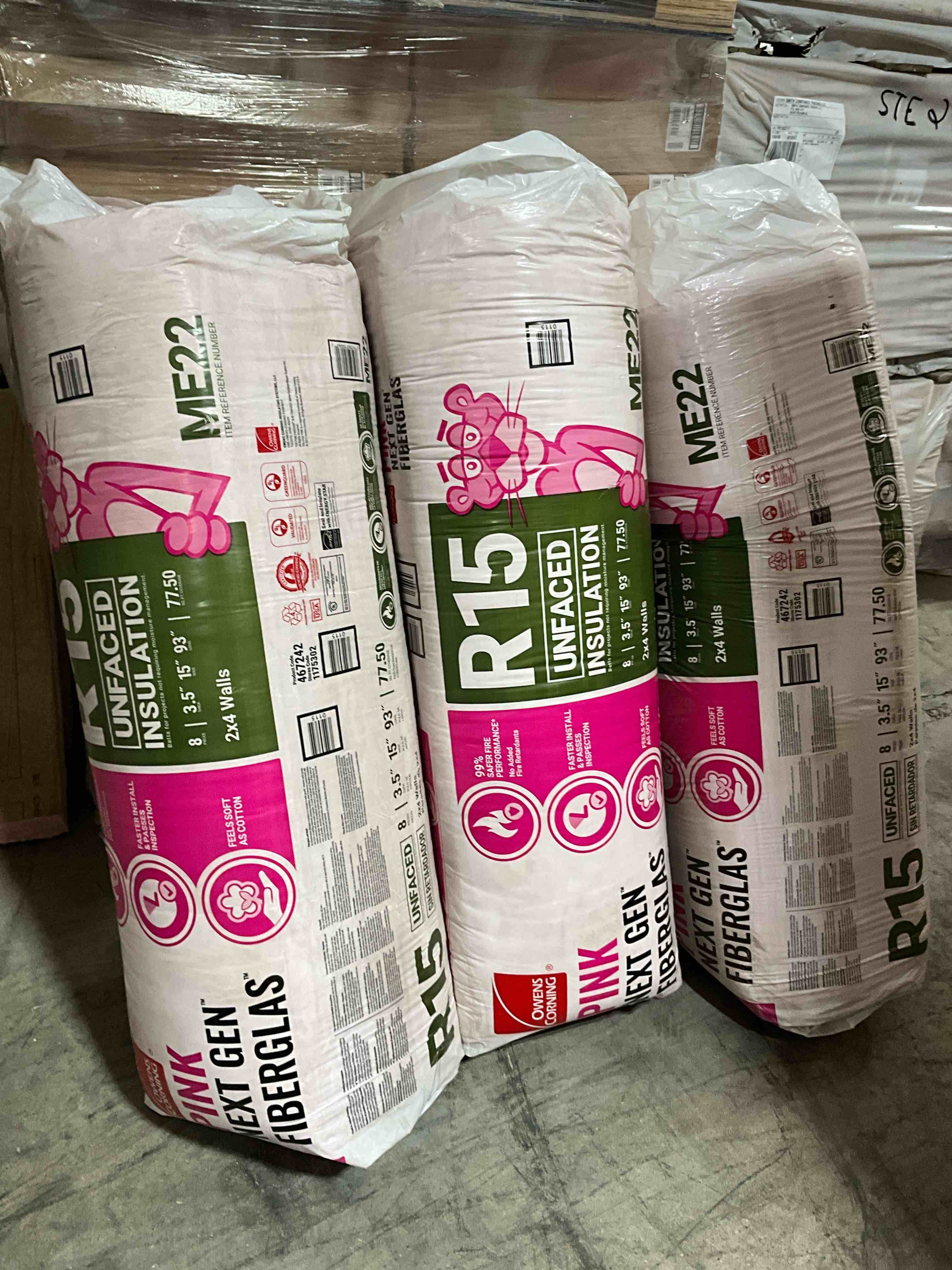 r15 unfaced insulation 3.5” thick 15” wide 93” long 77.5 sq ft per bag