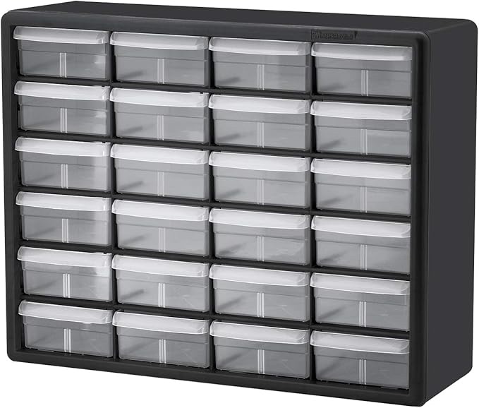 10124 24-Drawer Plastic Drawer Storage Cabinet for Garage Organization, Bead Organizer, Lego Storage, Teacher Toolbox, Makeup Organizer, and More, 20-Inch W x 6-Inch D x 16-Inch H, White
