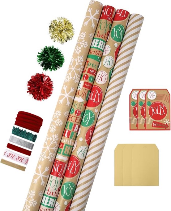 LaRibbons Kraft Vintage Christmas Wrapping Paper Sets, Classic Snowflake & Stripes Design with Ribbons & Gift Tags & Metallic Pom Pom for Christmas, Holiday, 30Inch × 10Feet? 4 Rolls: 100 Sq.Ft.Ttl?