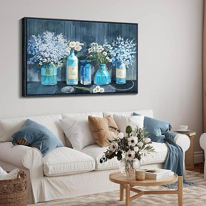HKDGOKA Canvas Wall Art Living Room Modern Painting Decor Artworks PicturesWhite Flower in Blue Vase Black Framed Poster Print for Bedroom Bathroom Kitchen Decoration 24x36 inch
