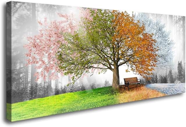 PoGoXiPoYo Canvas Prints Wall Art Decor Large 4 Seasons Tree Picture 1 Panel Spring Summer Autumn Winter Tree Painting Artwork for Dining Room Kitchen Home Decor 20x40 