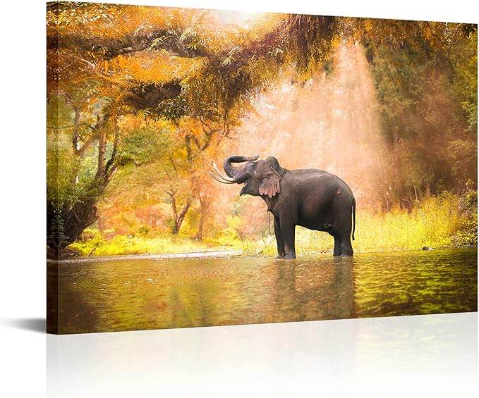 Conpit Thai Elephant Wall Art Wild Animal under Sunshine Forest Picture Prints Modern Zen Decoration for Living Room 24” x 36”