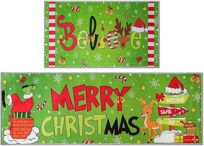 Christmas Believe Kitchen Rugs Set of 2,Christmas Kitchen Decoration,Non Slip Absorbent Kitchen Mat Waterproof Runner Rug for Laundry Room and Sink - 17x29 and 17x47 Inch (Green)