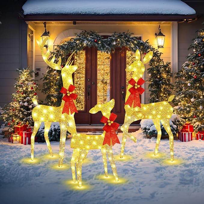 3 Pcs 5 ft Large Lighted Reindeer Family Set for Christmas Decoration Giant 3D Deer with 340 Warm LED Lights Christmas Xmas Holiday Outdoor Yard Garden Lawn Decoration (Gold)