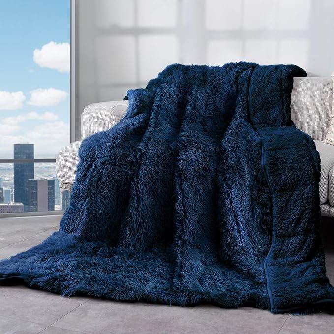*navy blue*Cottonblue Weighted Blanket 15lbs, Sherpa Faux Fur Reversible Luxury Snugly Long Fur Warm Heavy Blanket
