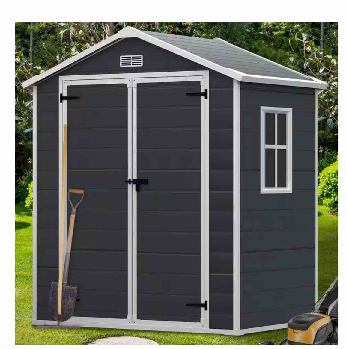 Outdoor Resin Shed with Reinforced Floor, All-Weather Plastic Shed with Lockable Door, Window & Vents, Garden Tool Sheds & Outdoor Storage Clearance for Garden Patio Lawn