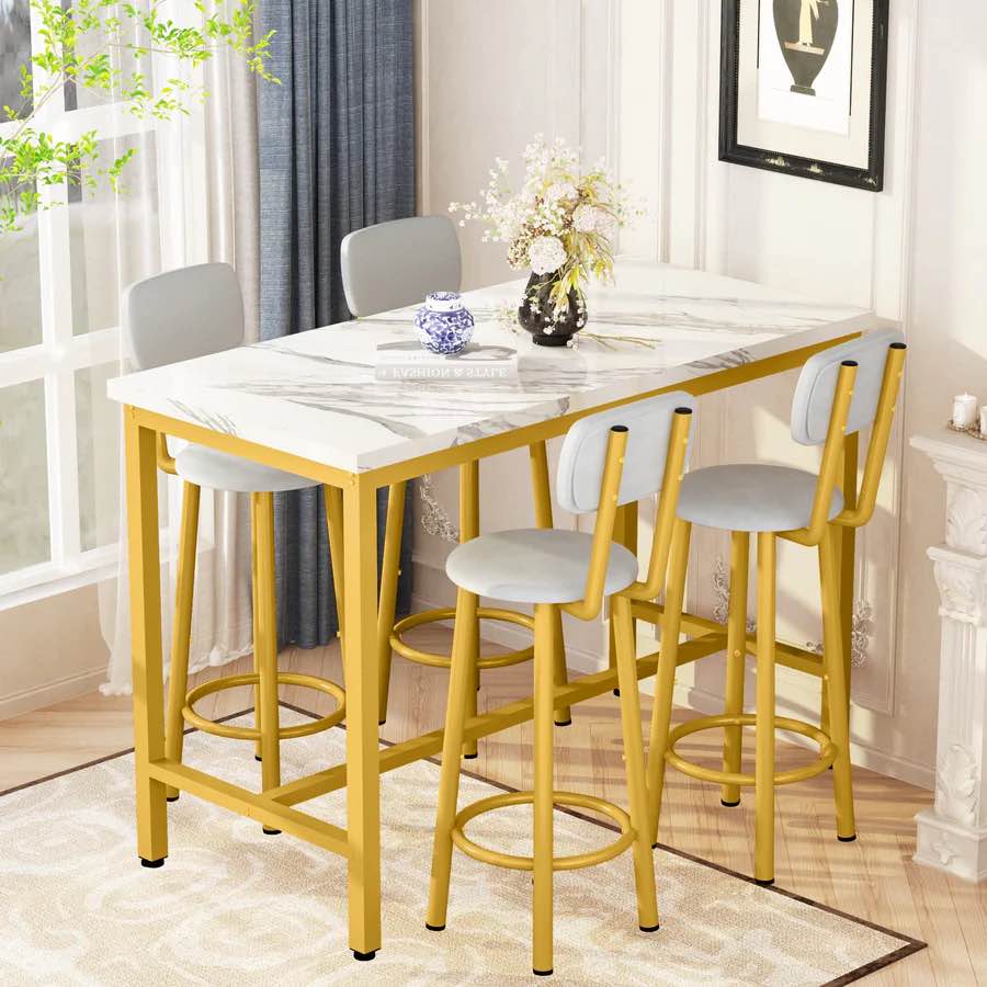 Dining Table Set for 4 Bar Table and Chairs Set Faux Marble Counter Height Dining Table Set with 4 PU Upholstered Stools Kitchen Pub Table for Kitchen, Restaurant, Space Saving, Gold and White