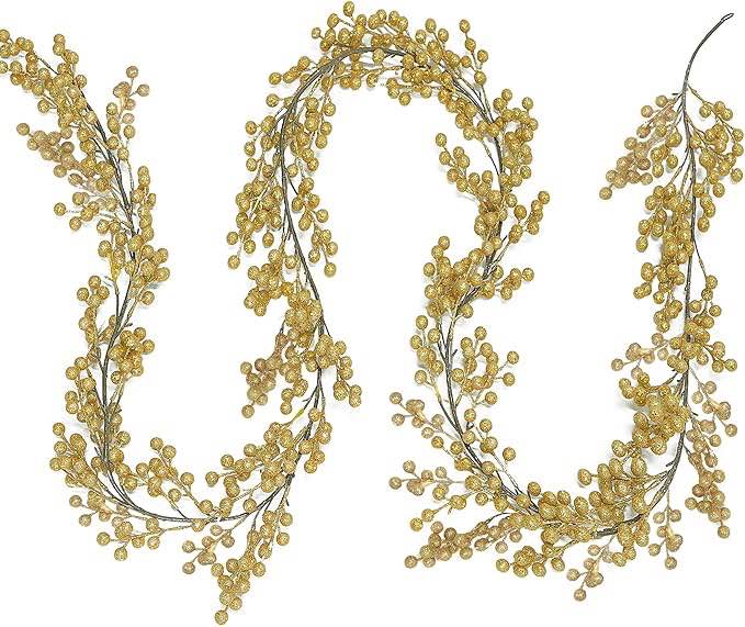 Lulu Home 8.9FT Golden Berry Garland, Glittered Flexible Artificial Christmas Holly Berry Vine, Winter Berry Garland for Mantle Xmas Tree Window Door Hanging Indoor Outdoor Holiday Decoration