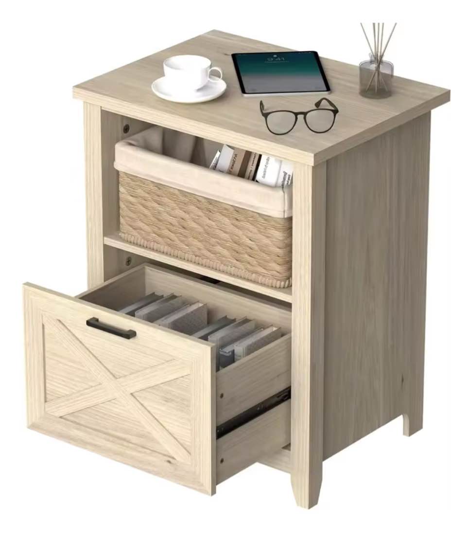 Tall Nightstand with Storage Drawer & Open Cubby - Beige Bedside Table for Bedroom, Warm Oak, Wood End Table Living Room