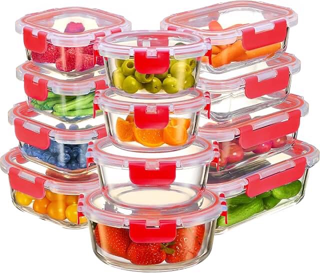 Glass Food Storage Set 24pc Airtight Leak-Proof Borosilicate Red (incomplete)