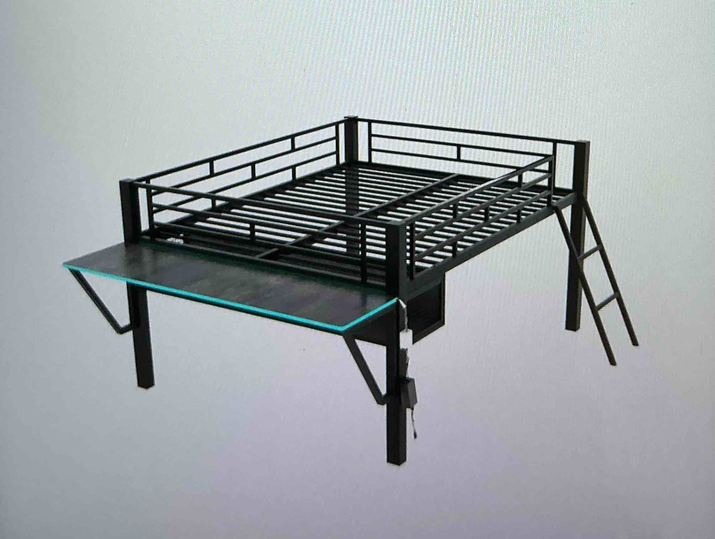 ( A box to pick up )Gaming Mid Loft Bed with Desk LED Lights and Staircase Full Size Metal Frame with Vented Mesh Undercarriage Storage Black for Younger Gamers