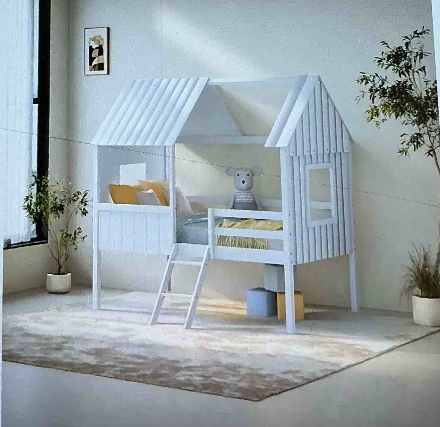 ( similar) twin size house bed with two side windows and roof, solid wood low bed, white color