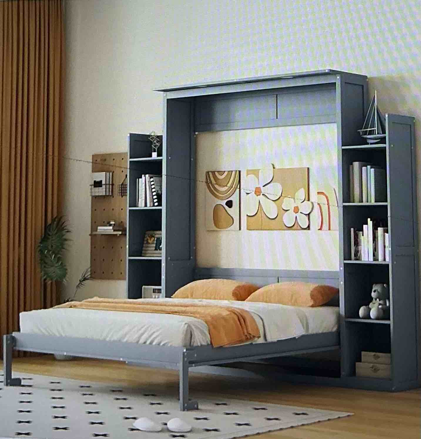 ( incomplete Box 1 of 3 ) FULL size wall Murphy bed with shelves and LED lights, can be folded into a cabinet, modern folding bed frame for multipurpose guest room or home office