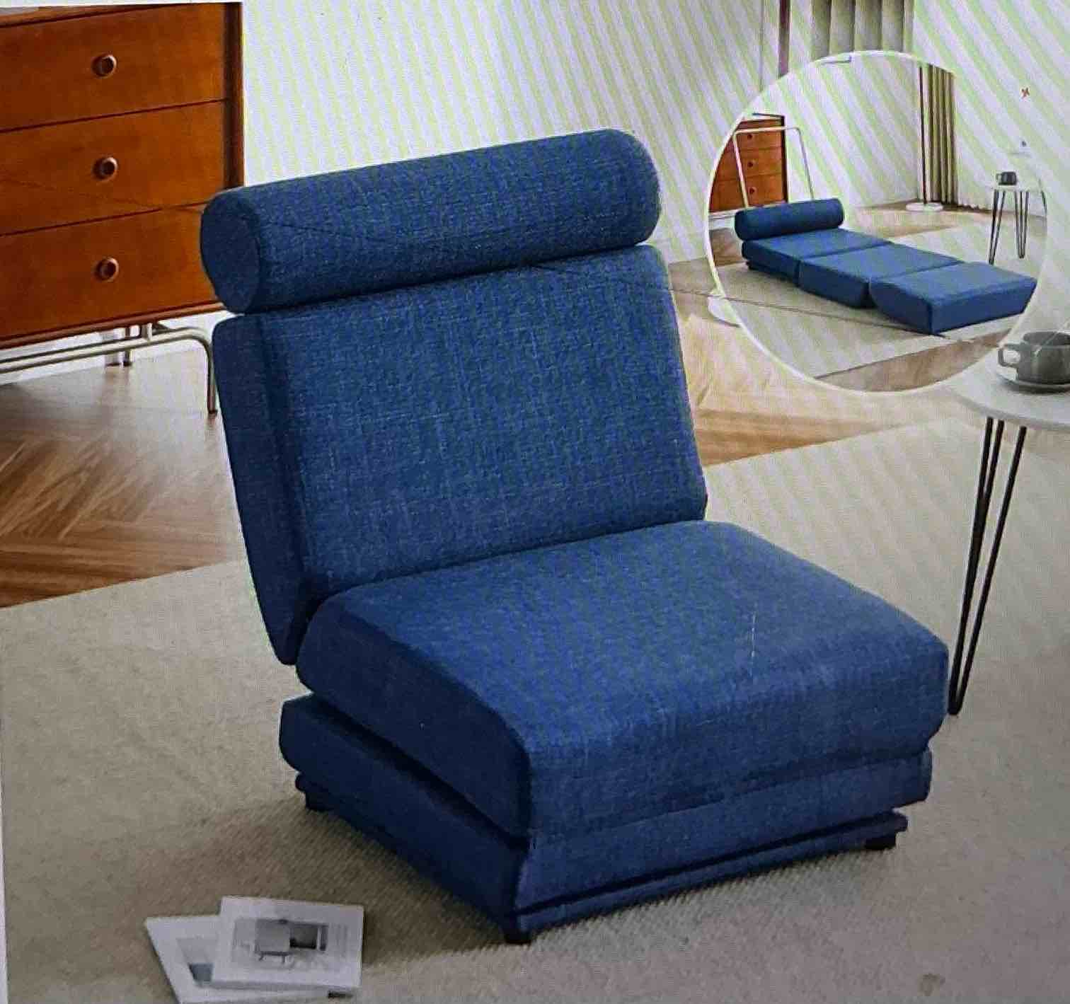 Convertible chair for bed with pillow, linen fabric floor and futon for living room, bedroom, guest use, apartment (blue)