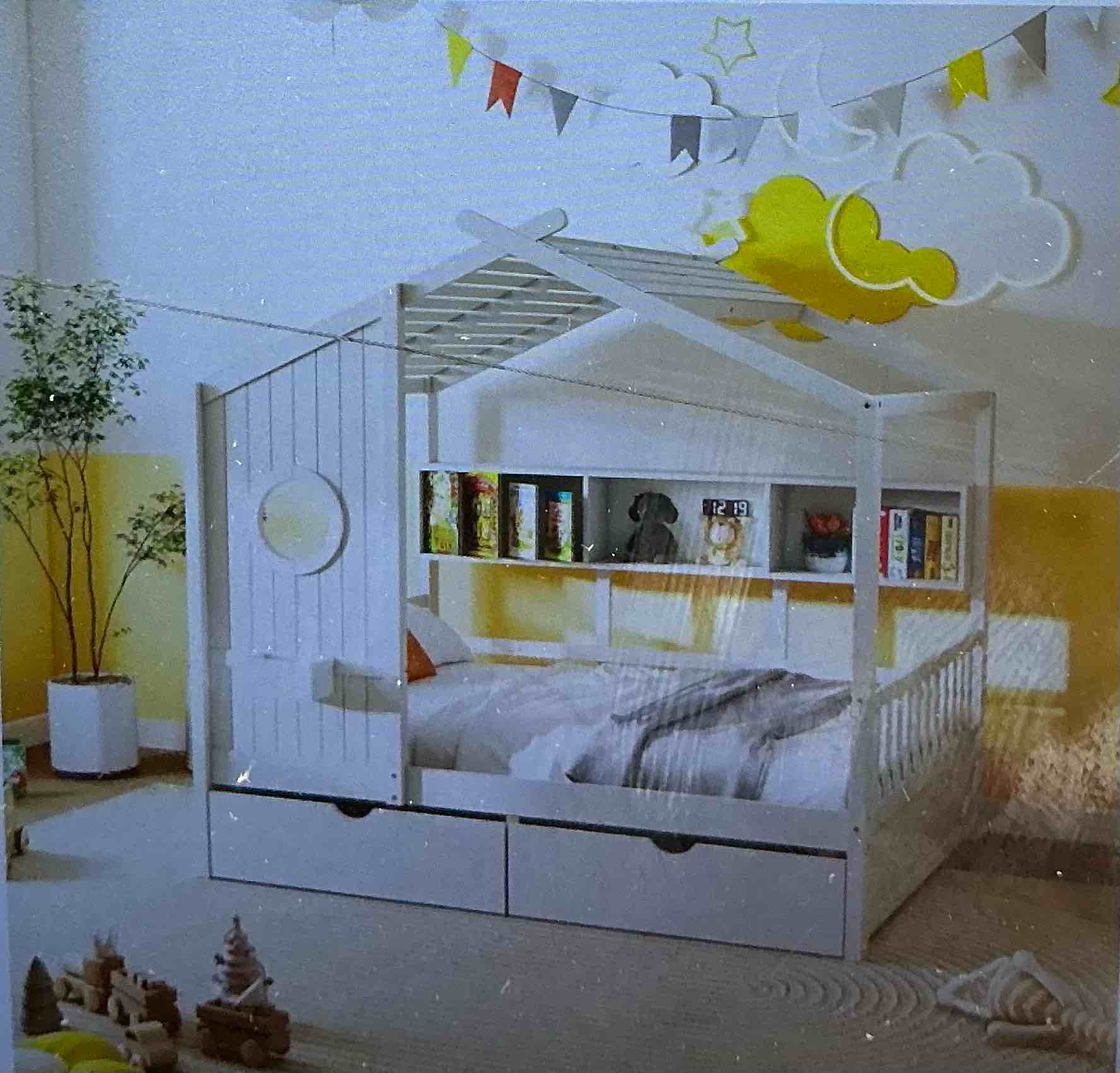 Single size house bed with shelves and storage drawers, wooden platform for children with window and ceiling for bedroom, single bed frames for children and girls, (2 boxes to pick up)