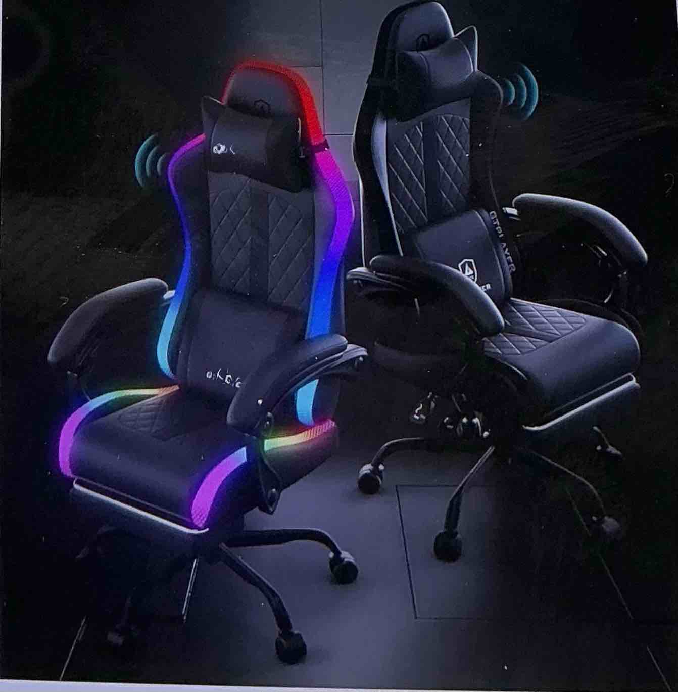RGB video game chair with speakers, computer chair with footrest and LED lights, PC chairs for adults, high back reclining office chairs, ( missing)
