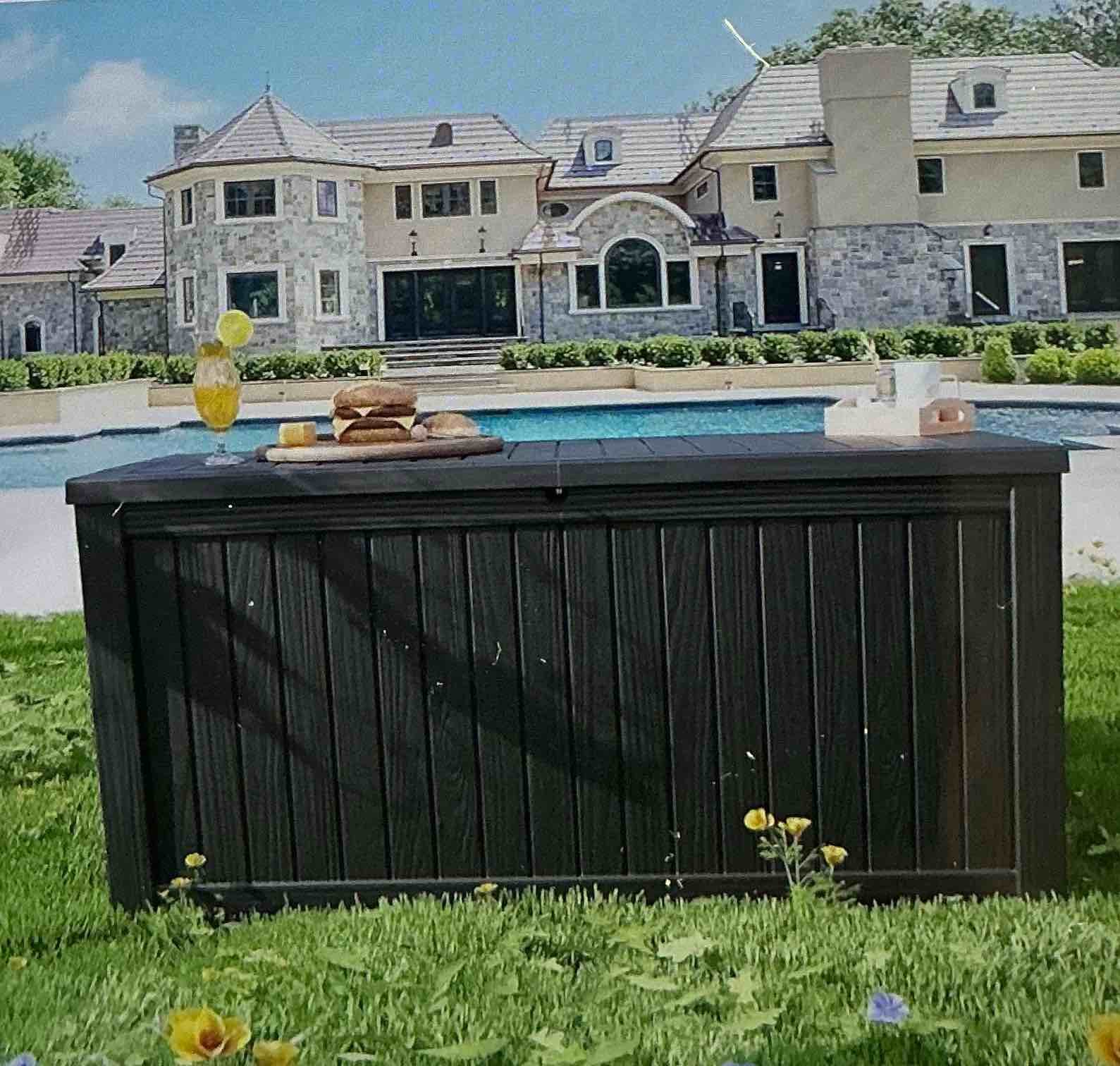170 gallon outdoor storage box, waterproof, lockable, resin, large, patio storage container for pool accessories, cushion furniture