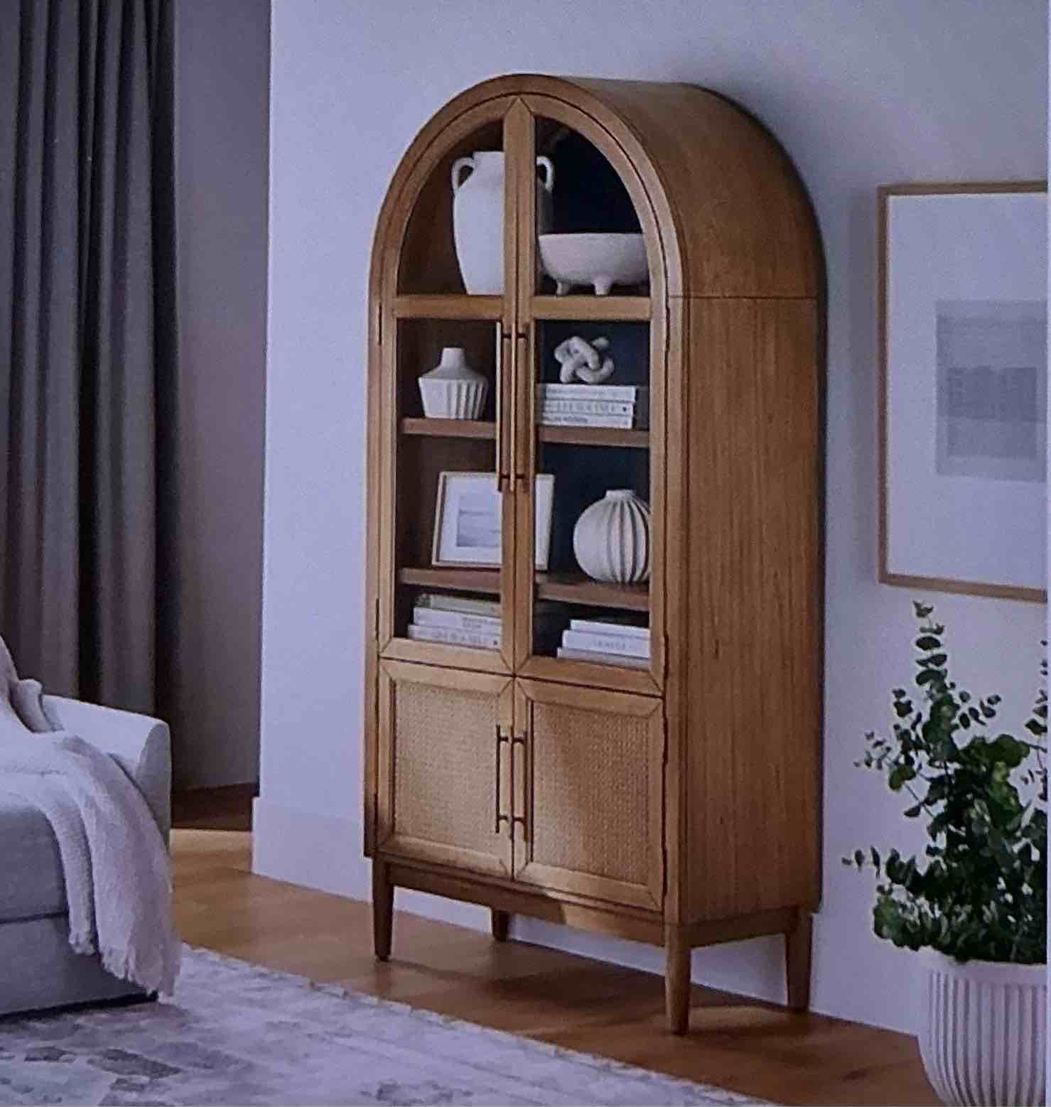 Durable wooden arched wardrobe with rattan doors and tempered glass doors (natural)