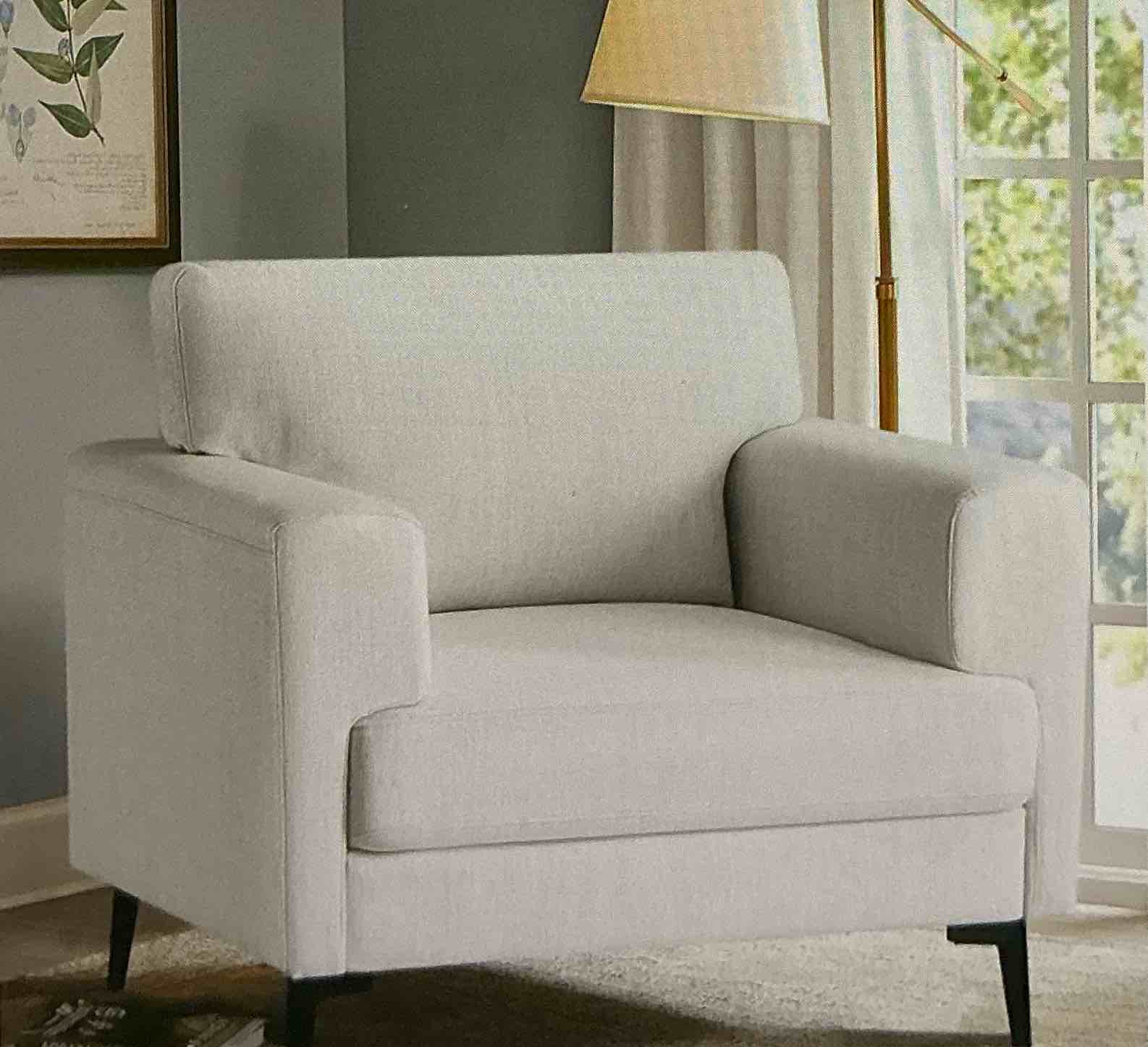 Set of 1 decorative chair, oversized linen fabric, modern mid-century, comfortable upholstered chair, reading chairs for bedroom, living room, beige color