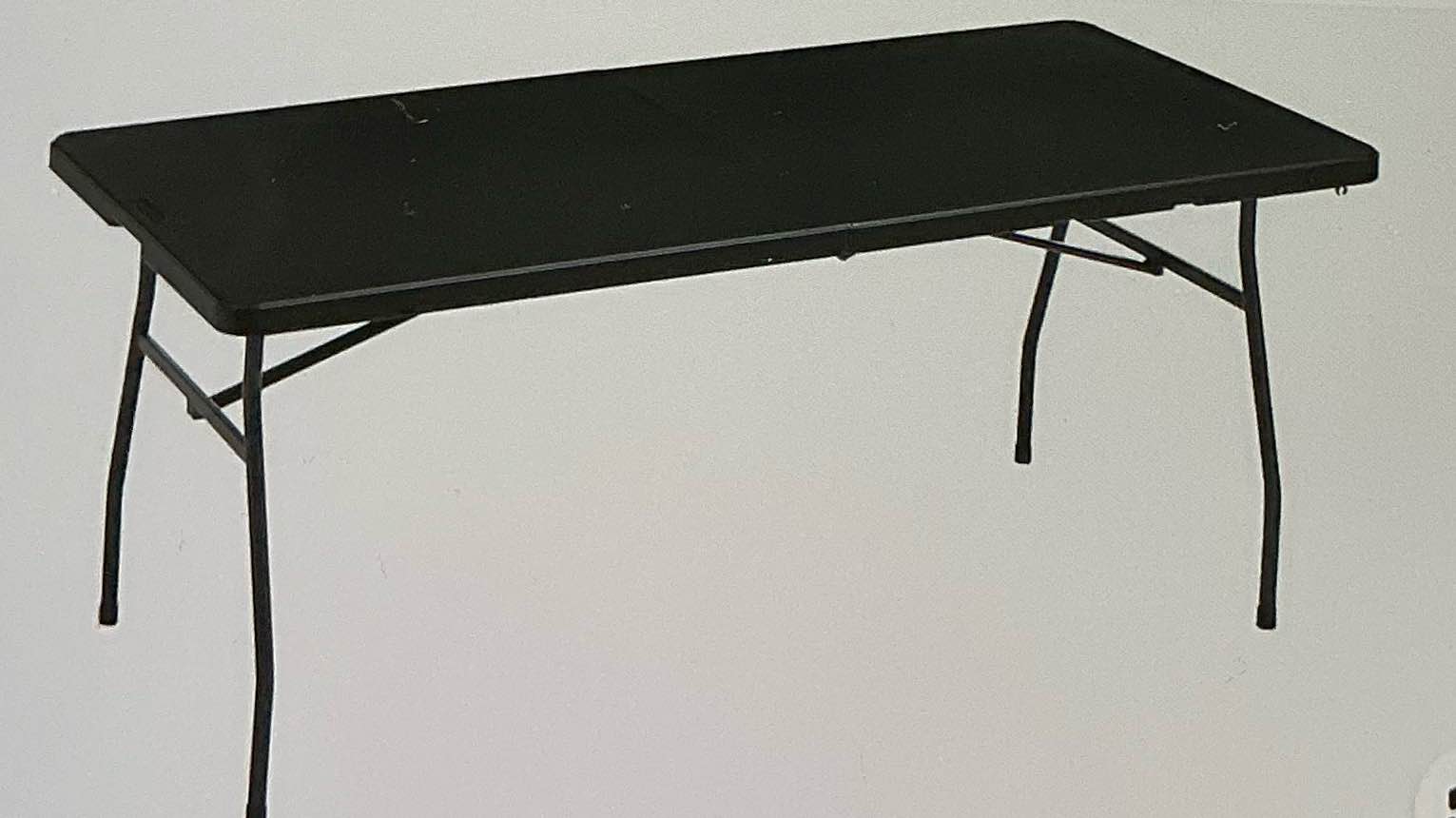 Heavy-duty 6-foot portable folding table with carrying handle, inside and outside, black