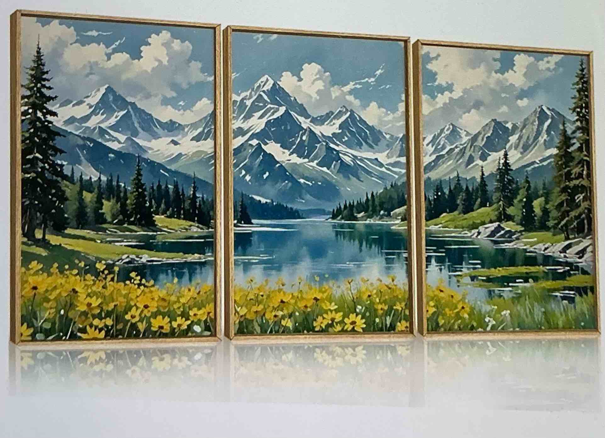 BICERE Large Mountain Wildflower Framed Canvas, Pine Forest Wall Decor, Floral Forest, Lake, Watercolor Landscape Illustrations for Living Room, Bedroom, Dining Room