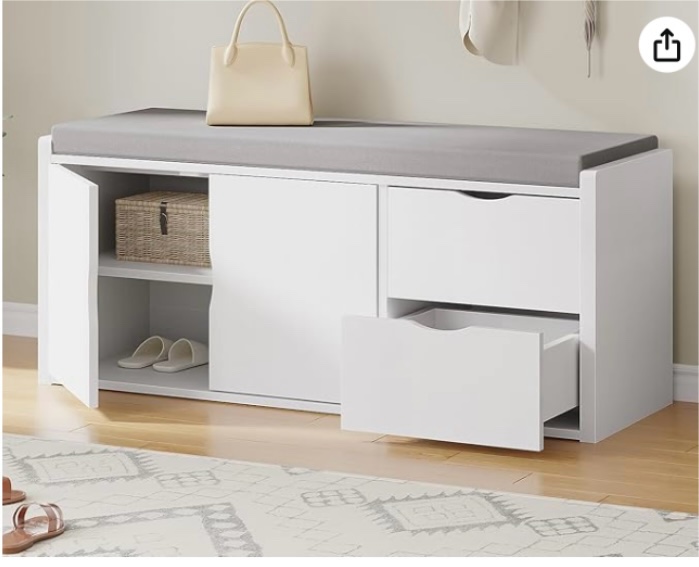 LVB Storage Entryway Bench, Long Shoe Bench with Drawers Storage Shelf, Modern Entry Way Bench with Padded Cushioned Seating, Wood Shoe Rack Benchs for Foyer Entrance Living Bedroom, White Oak, 40in