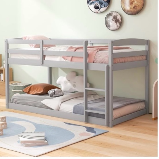 Giantex Twin Low Bunk Bed, Solid Wood Twin Over Twin Bunk Bed Frame with Full Guardrails & Integrated Ladder, Floor Twin Bunk Beds for Kids Boys and Girls, No Box Spring Needed, Grey