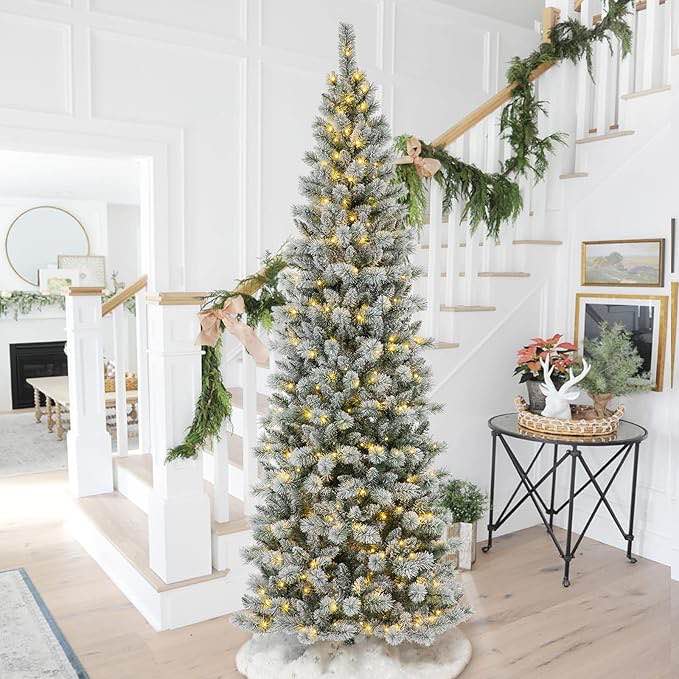 Glitzhome 9ft Pre-Lit Flocked Pencil Pine Artificial Christmas Tree with 450 LED Lights, 9 Functional Warm White/Multi-Color, Remote Controller, Ideal for Home, Office, Party Decoration