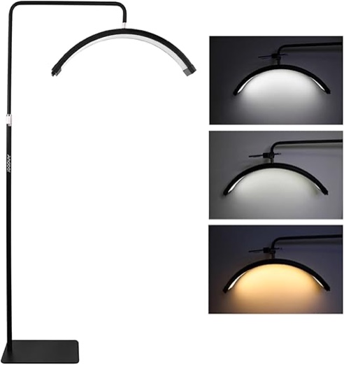 Andoer HD-M6X 36W Floor LED Video Light Half-Moon Shaped Fill Light 3000K-6000K Dimmable with 180cm/ 70.9in Metal Light Stand Phone Holder Remote Control for Beauty Salon Makeup Live Streaming