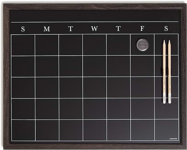 U Brands Magnetic Chalk Calendar Board, 20"x16", Rustic Wood Style Frame, Includes Chalk Pencils and Magnet