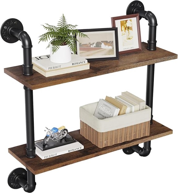 Merapi 24" Industrial Floating Shelves, Pipe Shelves for Wall, 2 Tier Rustic Wood Wall Shelves for Home Décor, Bedroom, Living Room, Bathroom