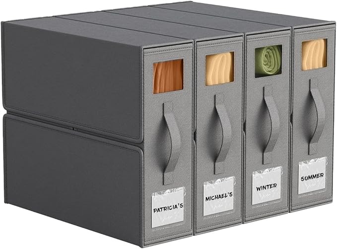 4 Pack Sheets Organizer for Linen Closet, Foldable Sheet Storage Box (King & Queen Size) with Window and Label, Sheet Set Organizer for Blanket, Coverlet and Towel, Grey