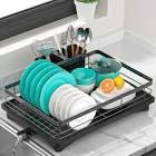 Small Dish Drying Rack for Kitchen Counter with Drainboard & Utensil Holder, Metal Dish Drainers for Kitchen with Adjustable Drain Spout, Ideal Dish Strainers for Singles or Couples, Black