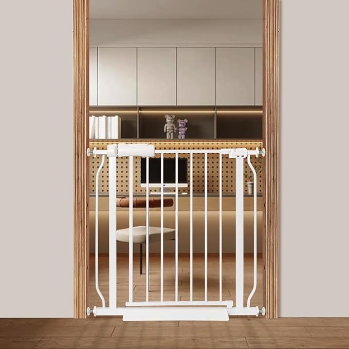 Narrow Baby Gate or Doorways No Drill 29.13-33.86 Inch,Pressure Mounted Metal Child Gates for Wide Openings,Walk Through Pet Gate Indoor Auto Close,White