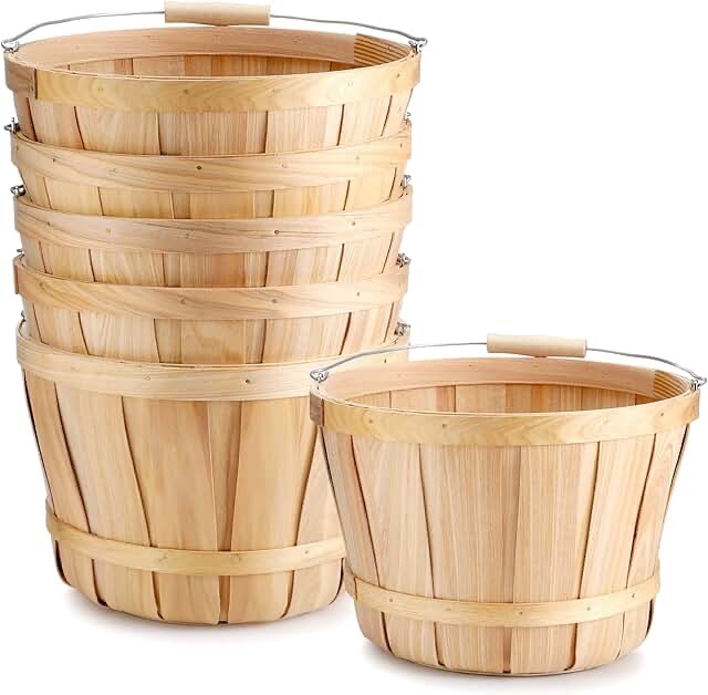 6 Pack 11 x 6.7'' Large Round Wooden Baskets with Handles, Handmade Wood Basket, Bushel Baskets, Farmers Market Baskets, Apple Baskets, Wooden Baskets for Indoors Outside Personal or Commercial Use