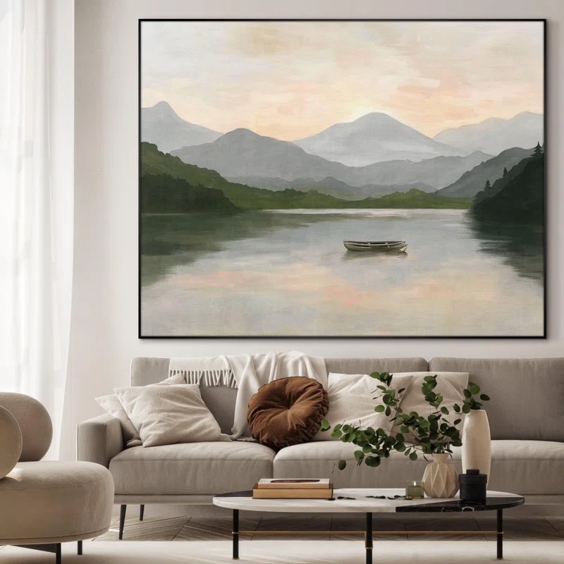 Serene Mountain Lake Scene at Sunset Landscape Home Decor Extra Large Framed Wall Art Print (Framed Assembly Required)