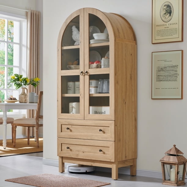 SinCiDo Arched Kitchen Pantry Storage Cabinet, 71" Tall Wood Pantry Shelves with 2 Doors & 2 Large Drawers for Dining Room Living Room